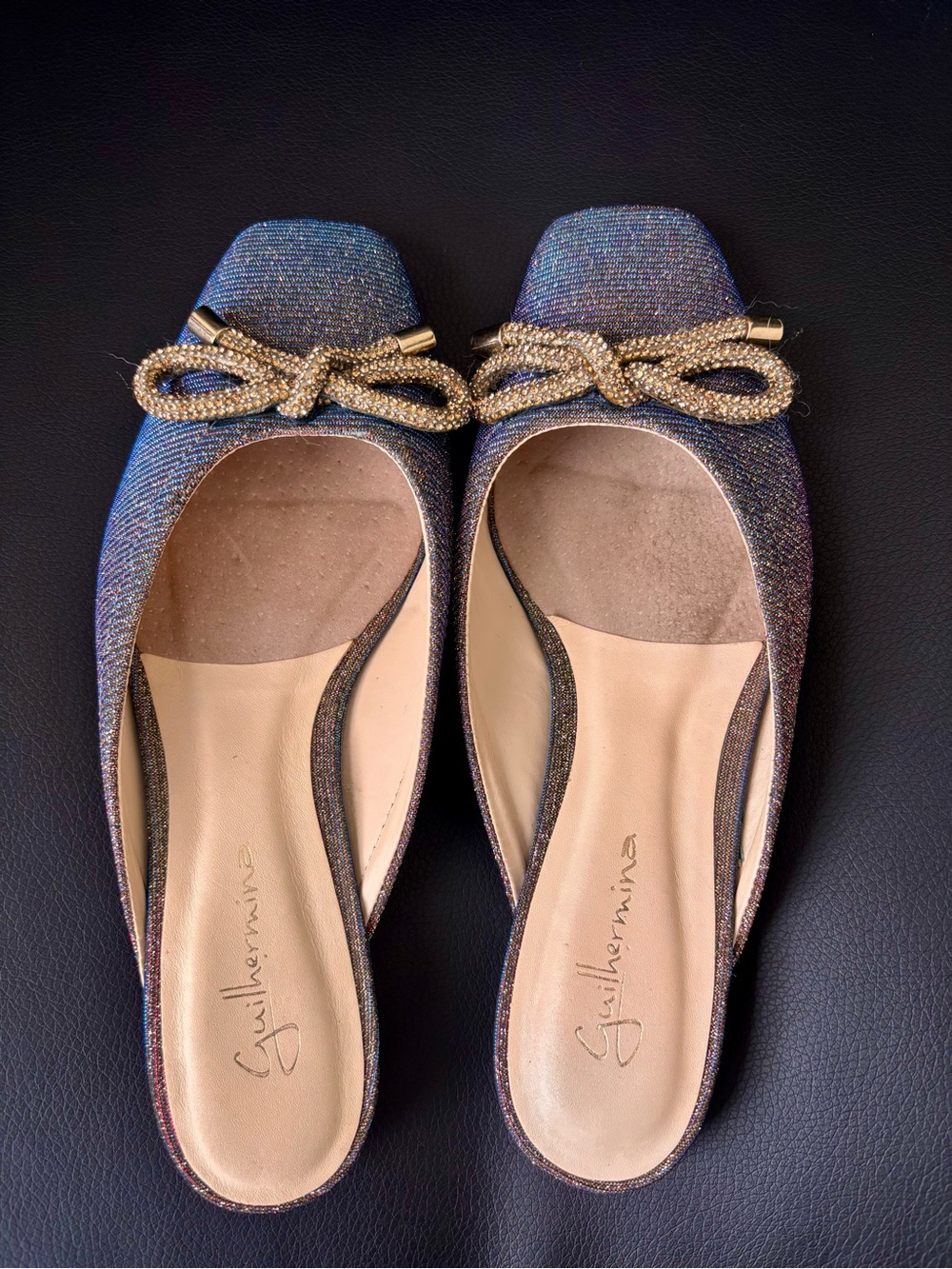 Guilhermina Iridescent Glitter Slip-On Mules with Gold Bow Accent